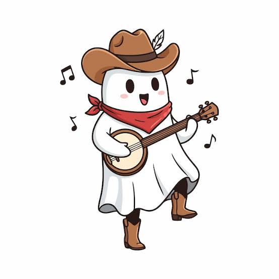 Ghost in a cowboy hat and red bandana playing banjo — Nashville ghost tour on Music Row